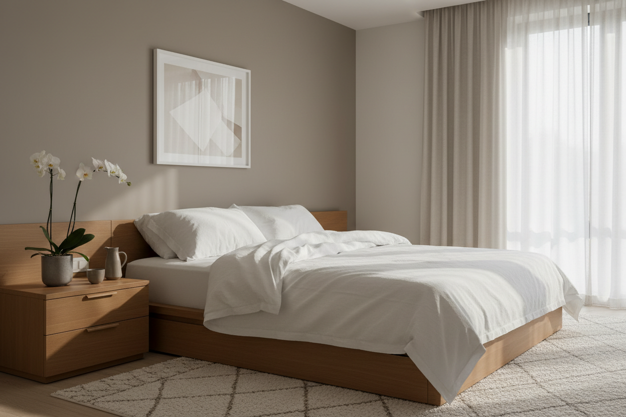 Elegant minimalist bedroom sanctuary with crisp white linen and soft morning light