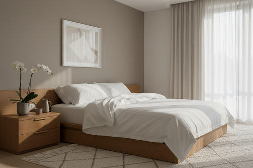 Elegant minimalist bedroom sanctuary with crisp white linen and soft morning light