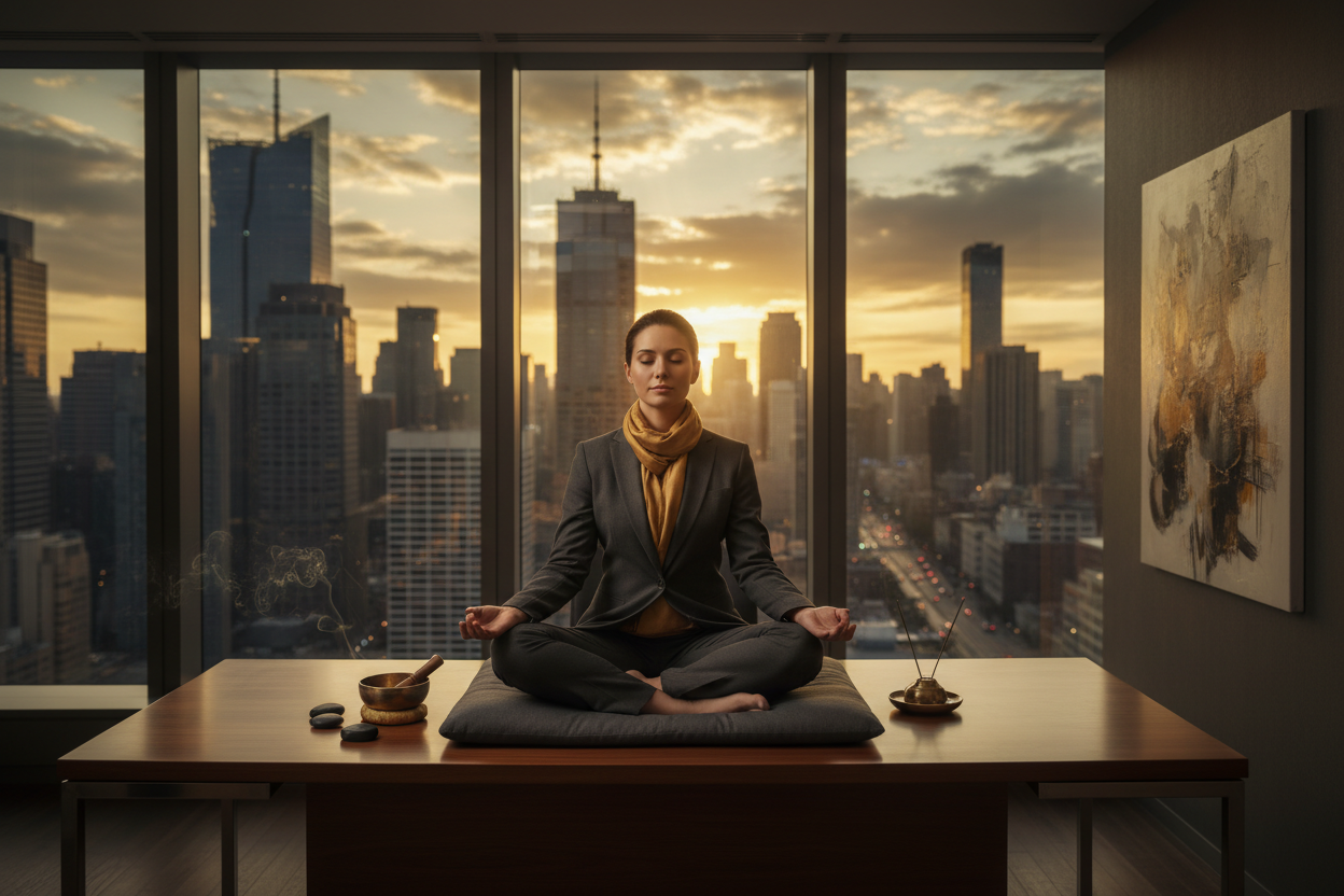 A focused professional breathing deeply at their desk, calm amid a busy city backdrop