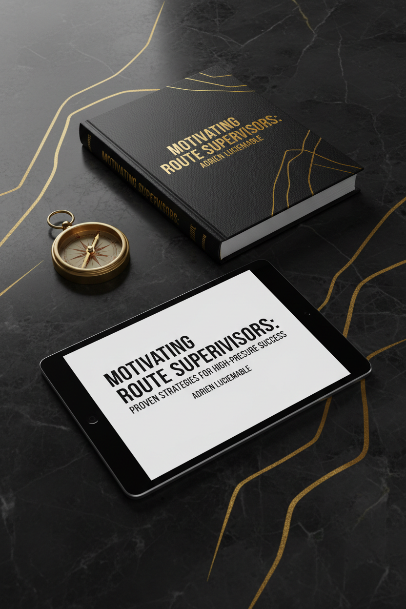 Motivating Route Supervisors ebook mockup by Adrien Luciemable on dark charcoal marble with gold accents and dramatic lighting