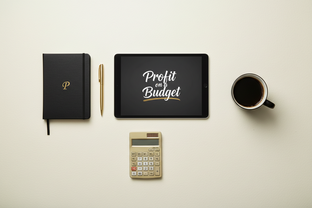 Profit on a Budget ebook flat-lay with tablet, matte-black notebook, gold pen, calculator and coffee cup on ivory background