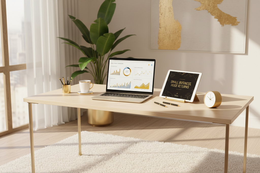Modern workspace with laptop showing daily profit dashboards and ebook displayed on tablet with gold accents