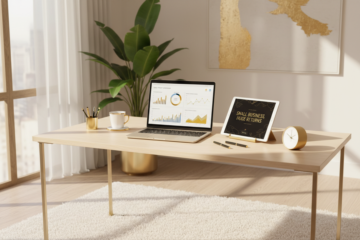 Modern workspace with laptop showing daily profit dashboards and ebook displayed on tablet with gold accents
