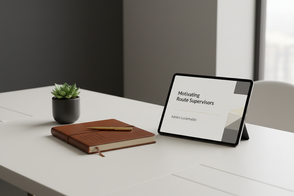 Minimalist executive desk scene with plant, leather journal, gold pen and ebook open on digital tablet