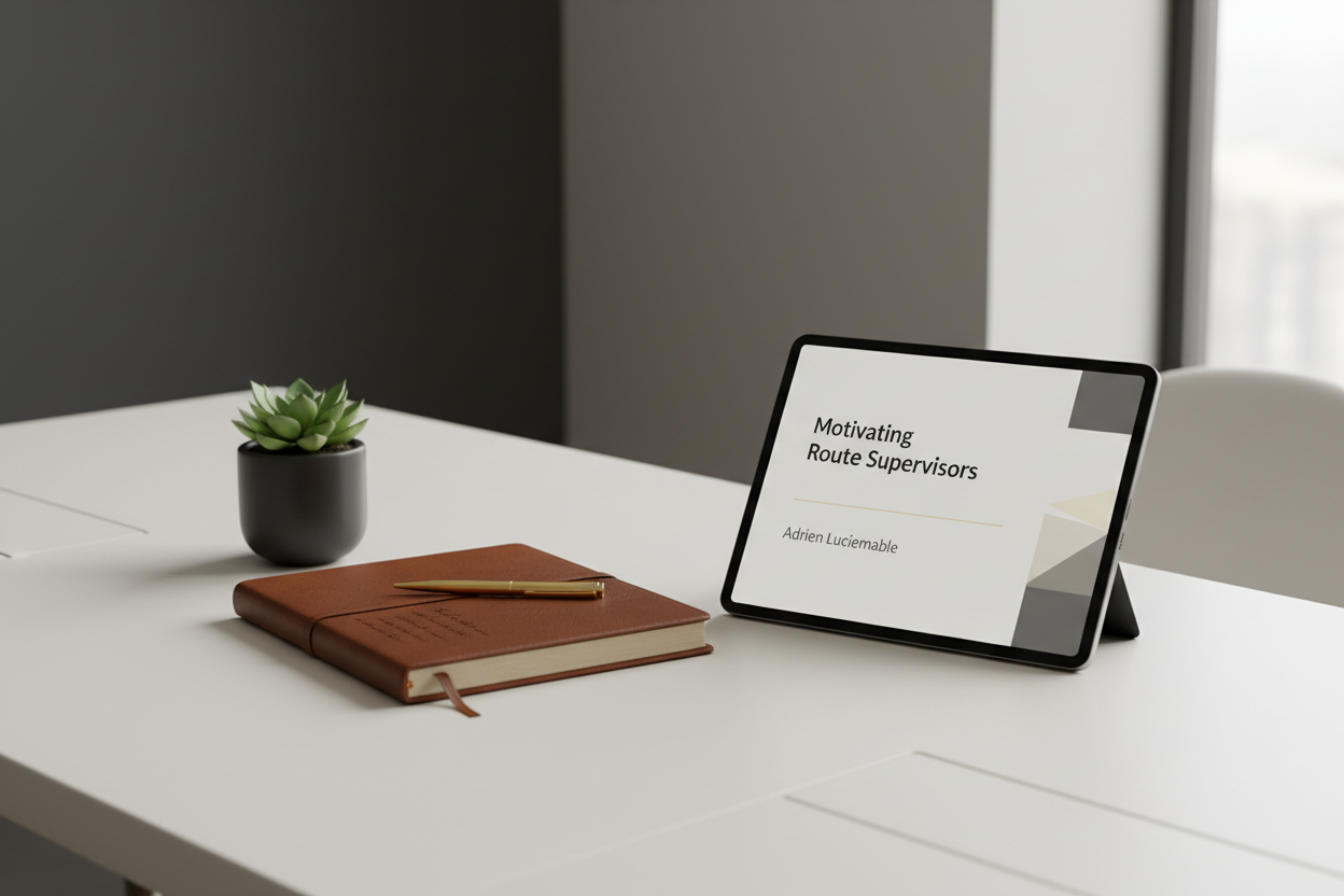 Minimalist executive desk scene with plant, leather journal, gold pen and ebook open on digital tablet