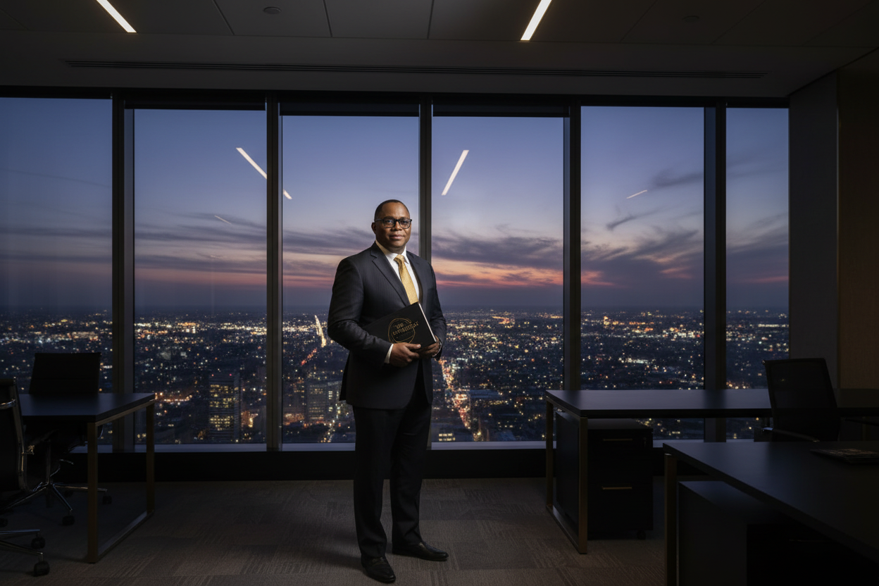Adrien Luciemable holding The Strategic Mindset at a luxury office