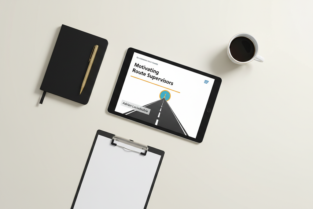 Motivating Route Supervisors ebook by Adrien Luciemable flat-lay with tablet, notebook, gold pen, clipboard and coffee cup on ivory background