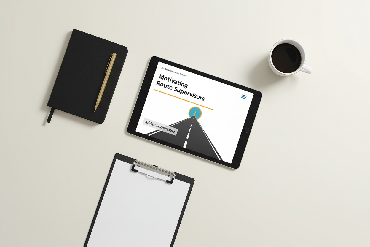 Motivating Route Supervisors ebook by Adrien Luciemable flat-lay with tablet, notebook, gold pen, clipboard and coffee cup on ivory background