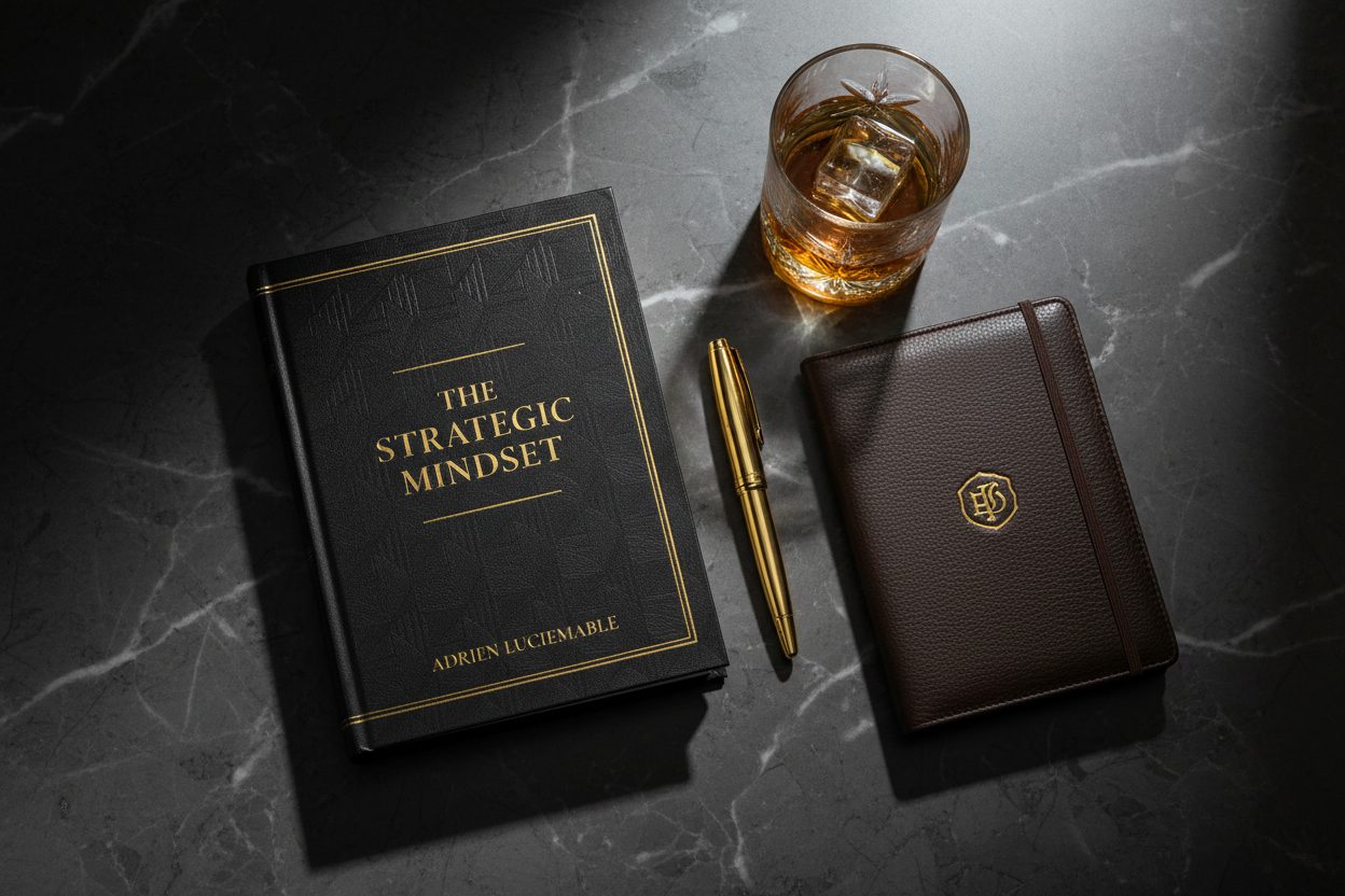 The Strategic Mindset book luxury flat lay with gold pen and leather notebook