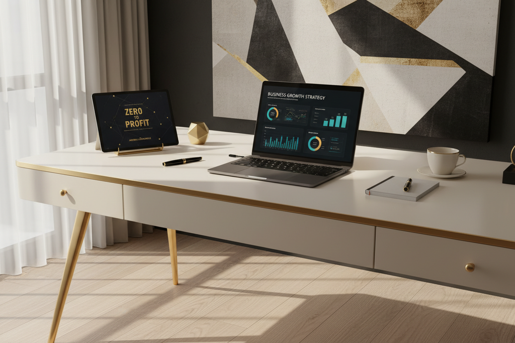 Modern workspace with laptop showing business planning tools and Zero to Profit ebook cover on tablet with gold accents