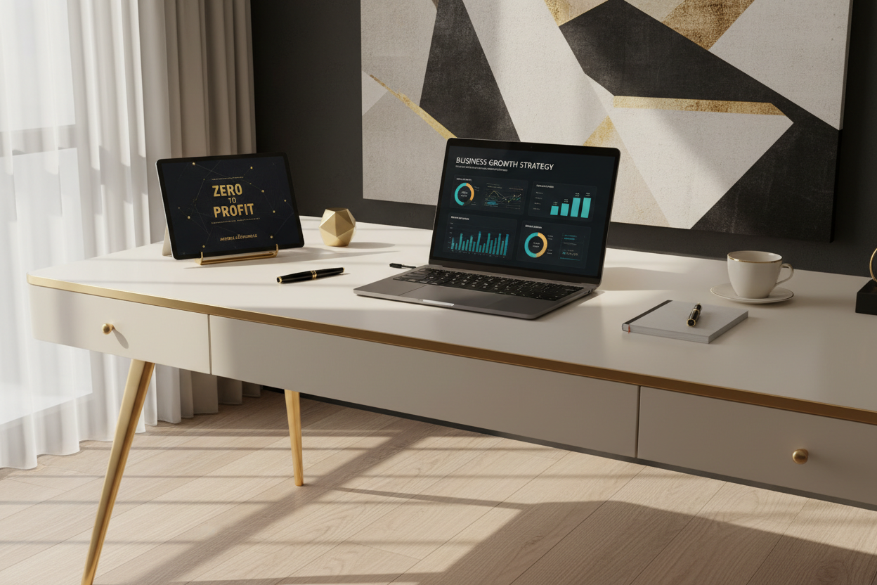 Modern workspace with laptop showing business planning tools and Zero to Profit ebook cover on tablet with gold accents