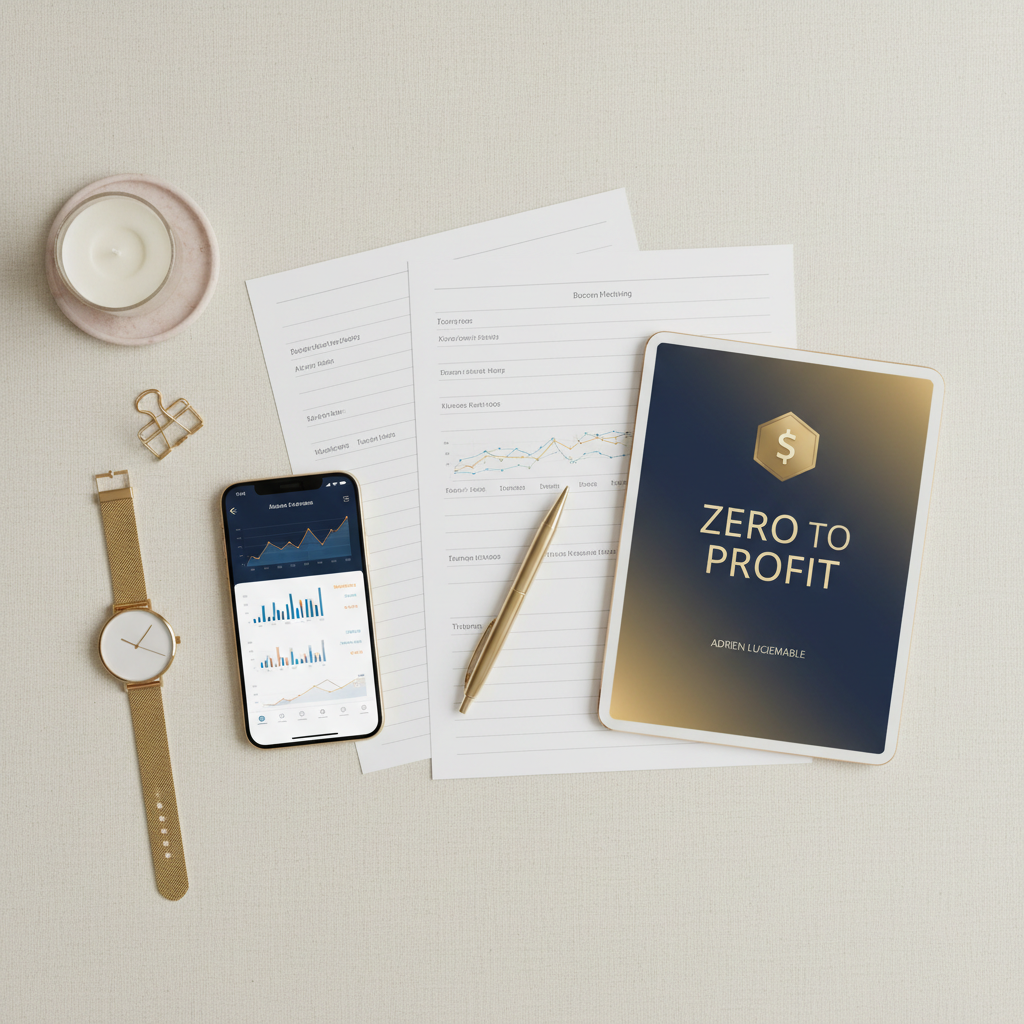 Elegant overhead flat-lay with business planning sheets, gold accessories, smartphone and Zero to Profit ebook on tablet