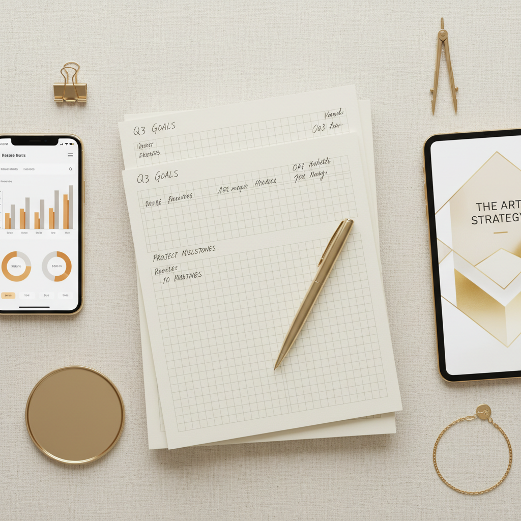 Elegant overhead flat-lay with business planning sheets, gold accessories, smartphone and ebook cover on tablet