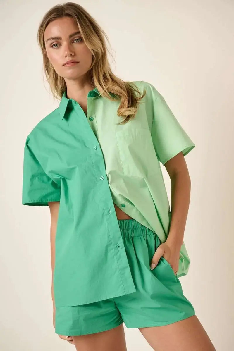 Women's Two-Piece Sets Women's Two-Piece Set - Color Block - Casual Shirt & Shorts