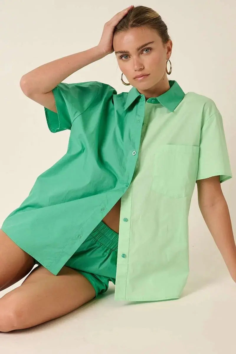 Women's Two-Piece Sets Women's Two-Piece Set - Color Block - Casual Shirt & Shorts