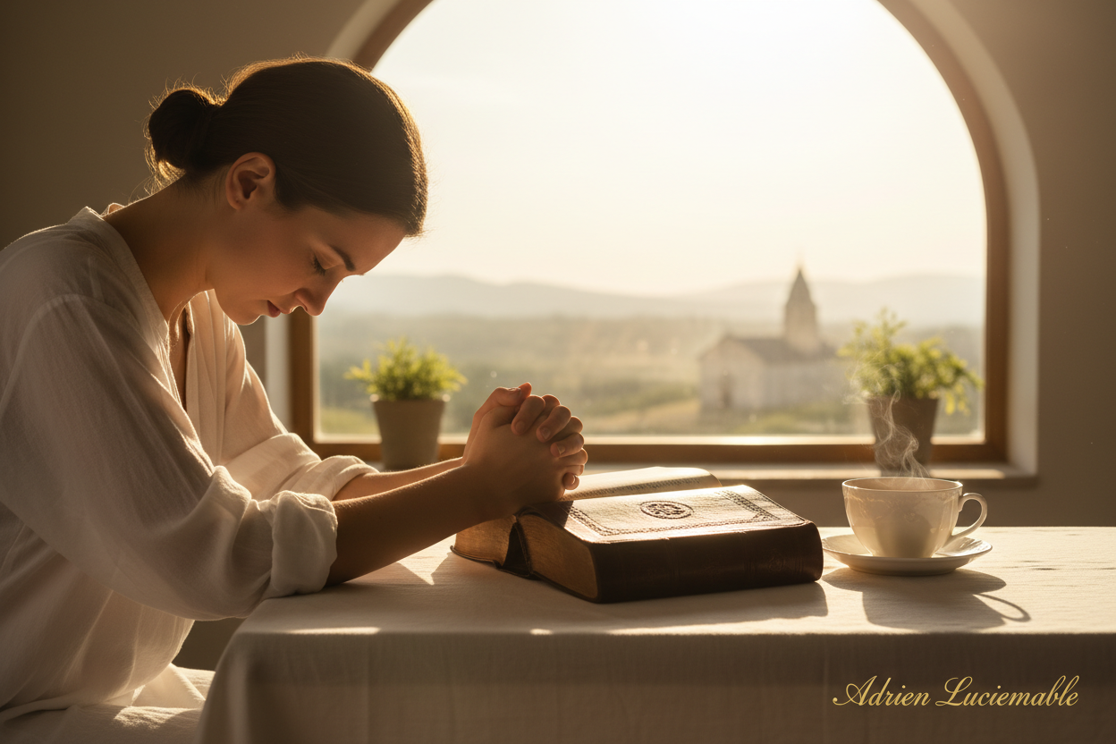 Morning prayer over open Bible — Adrien Luciemable