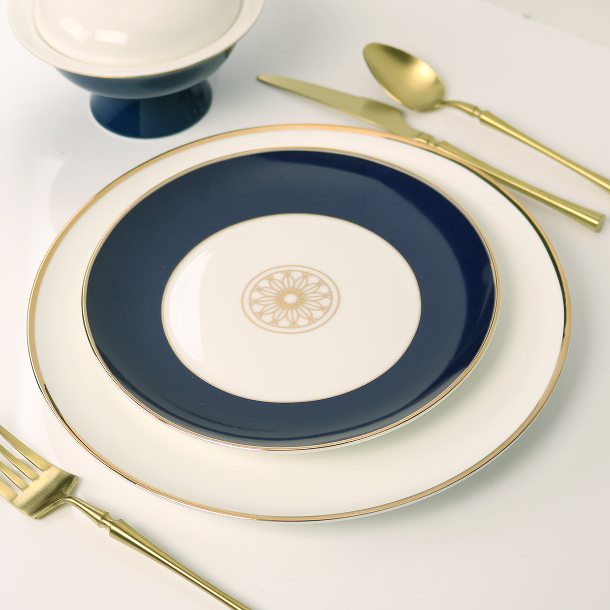 Sapphire Blue Jewel Salad Plate — Set of 4 | 14k Gold Detail | Little White Dish