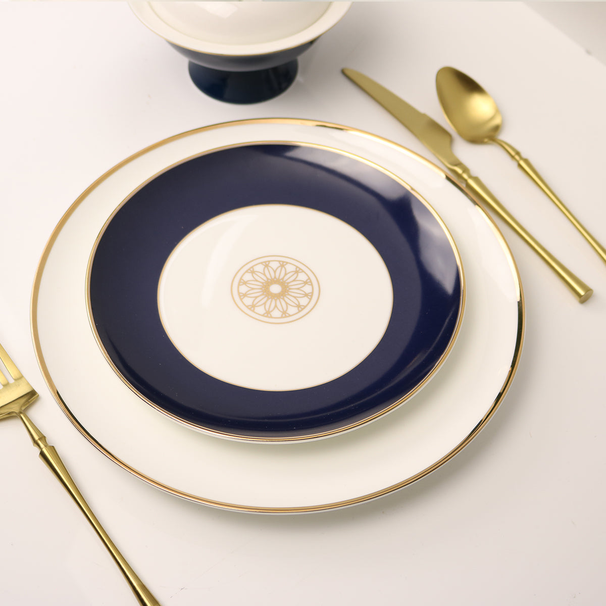 Sapphire Blue Jewel Salad Plate — Set of 4 | 14k Gold Detail | Little White Dish