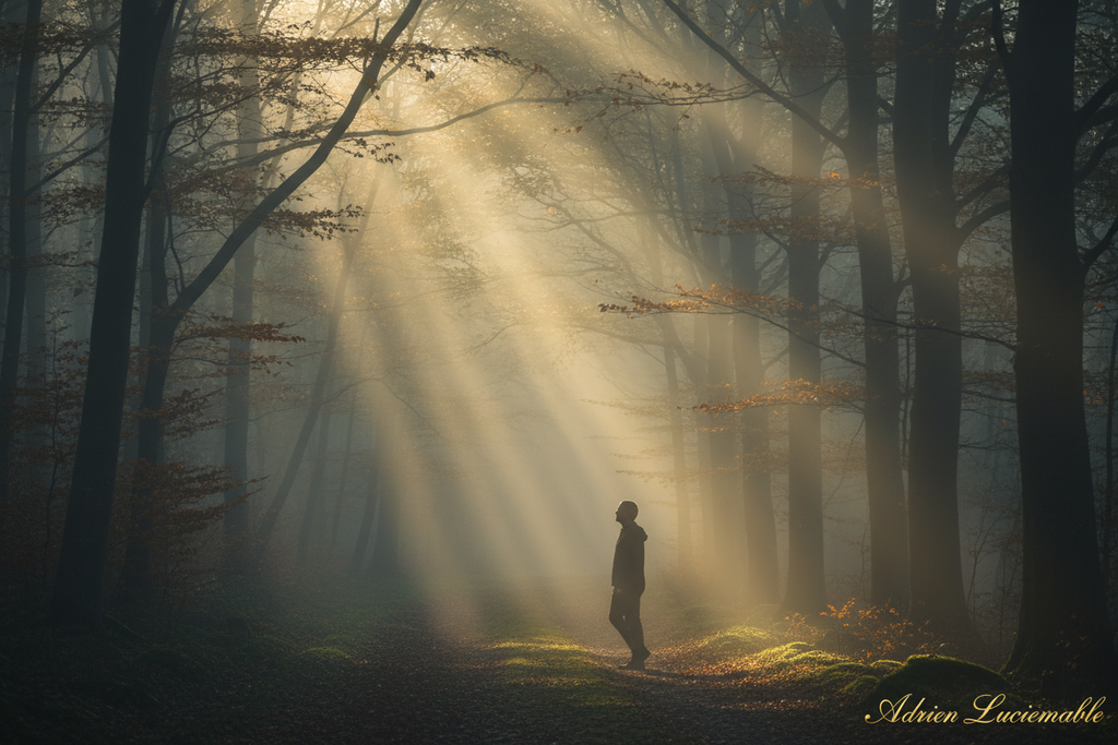 Person walking misty forest path at dawn — Adrien Luciemable