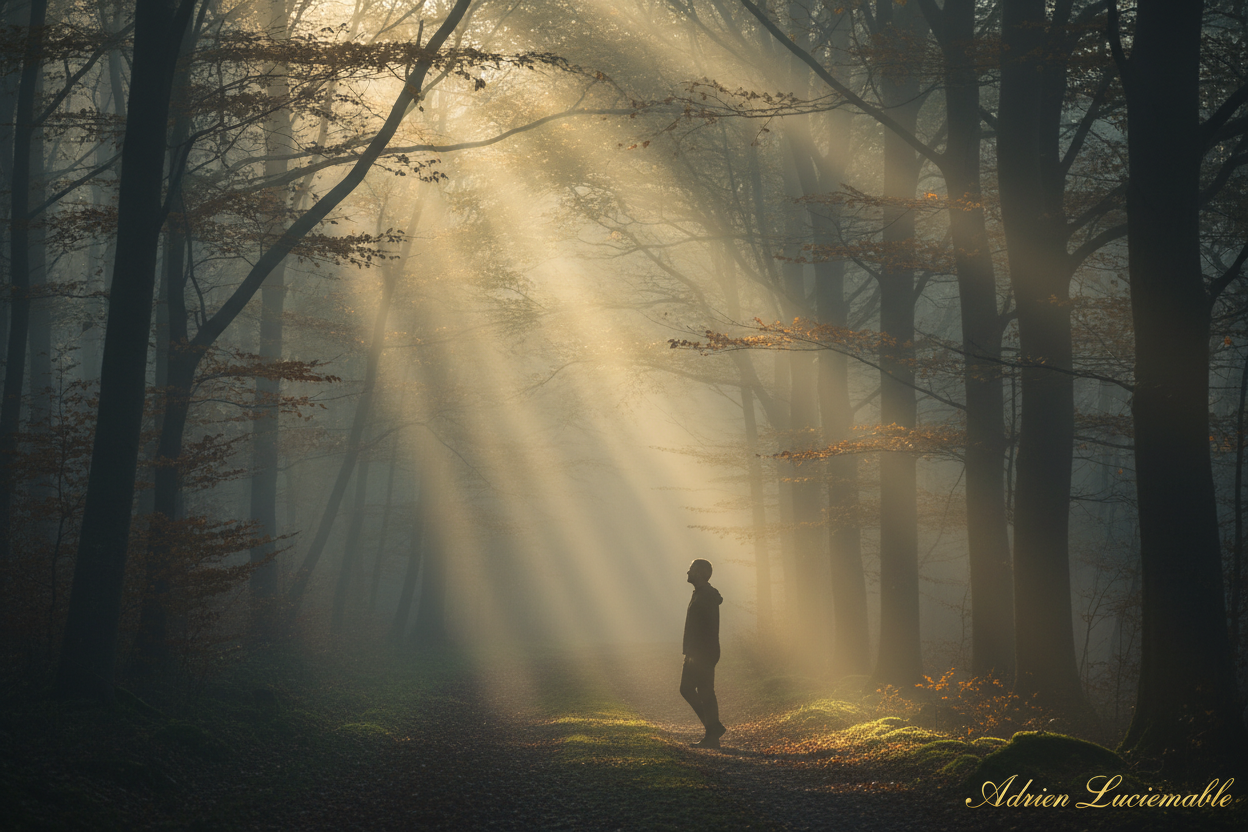 Person walking misty forest path at dawn — Adrien Luciemable