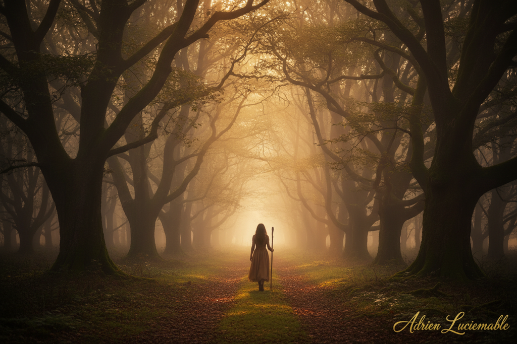 Person walking misty forest path at golden dawn — Adrien Luciemable