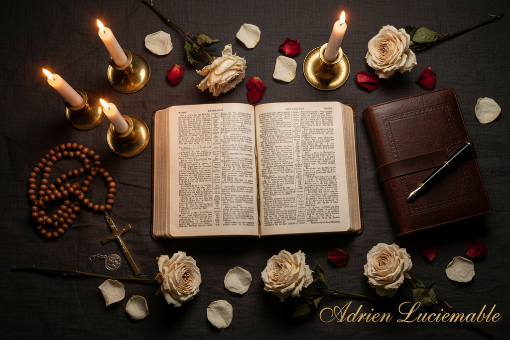 Spiritual flat lay with Bible and prayer beads — Adrien Luciemable