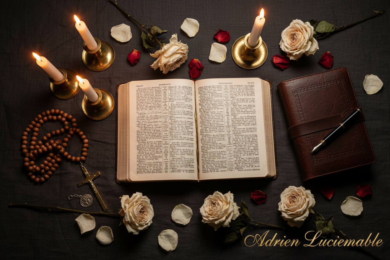 Spiritual flat lay with Bible and prayer beads — Adrien Luciemable