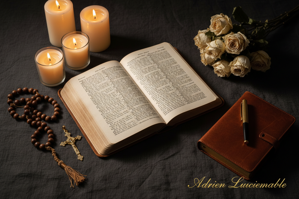 Spiritual flat lay with Bible, cross, and prayer beads — Adrien Luciemable