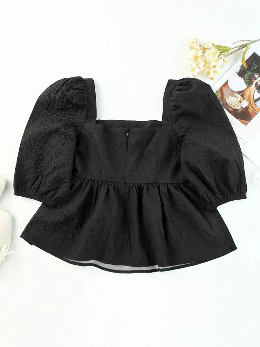 Peplum Blouse Blouse - Textured Square Neck - Peplum Top