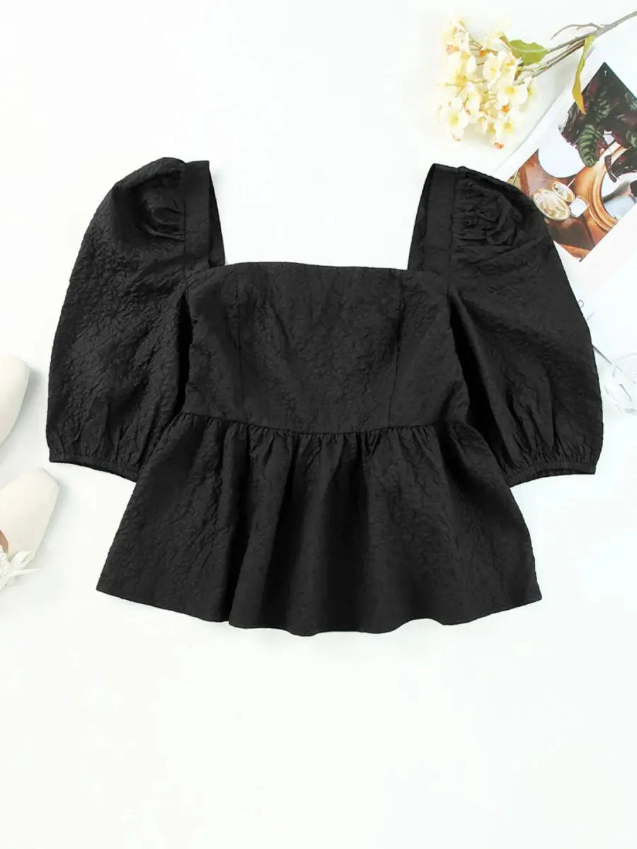 Peplum Blouse Blouse - Textured Square Neck - Peplum Top